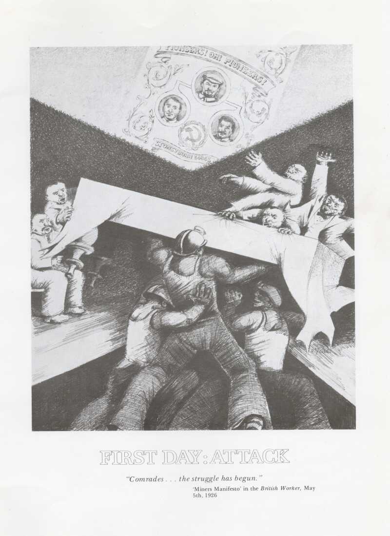 An artwork depicting miners holding up a table surounded by men in suits.