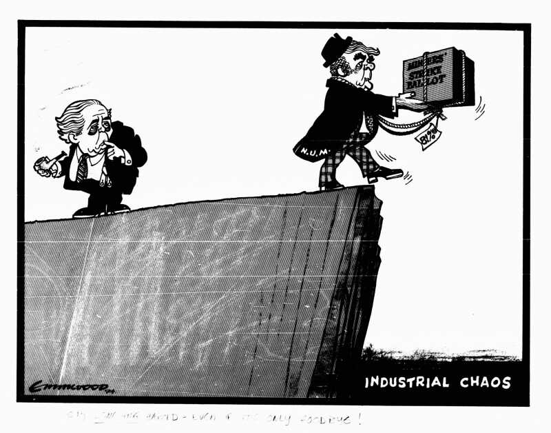 Harold Wilson looking on sheepishly as NUM president Joe Gormley walks off a cliff edge with a ballot, to industrial chaos.