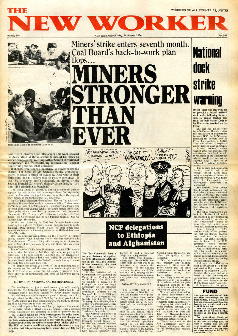 Cover of the paper 'The New Worker' with the headling "Miners stronger than ever" from August 1984