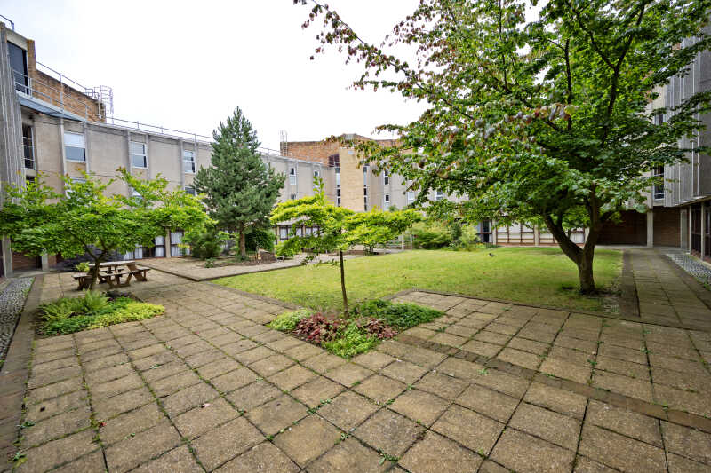 The cloister garden located in the centre of Rutherford College.