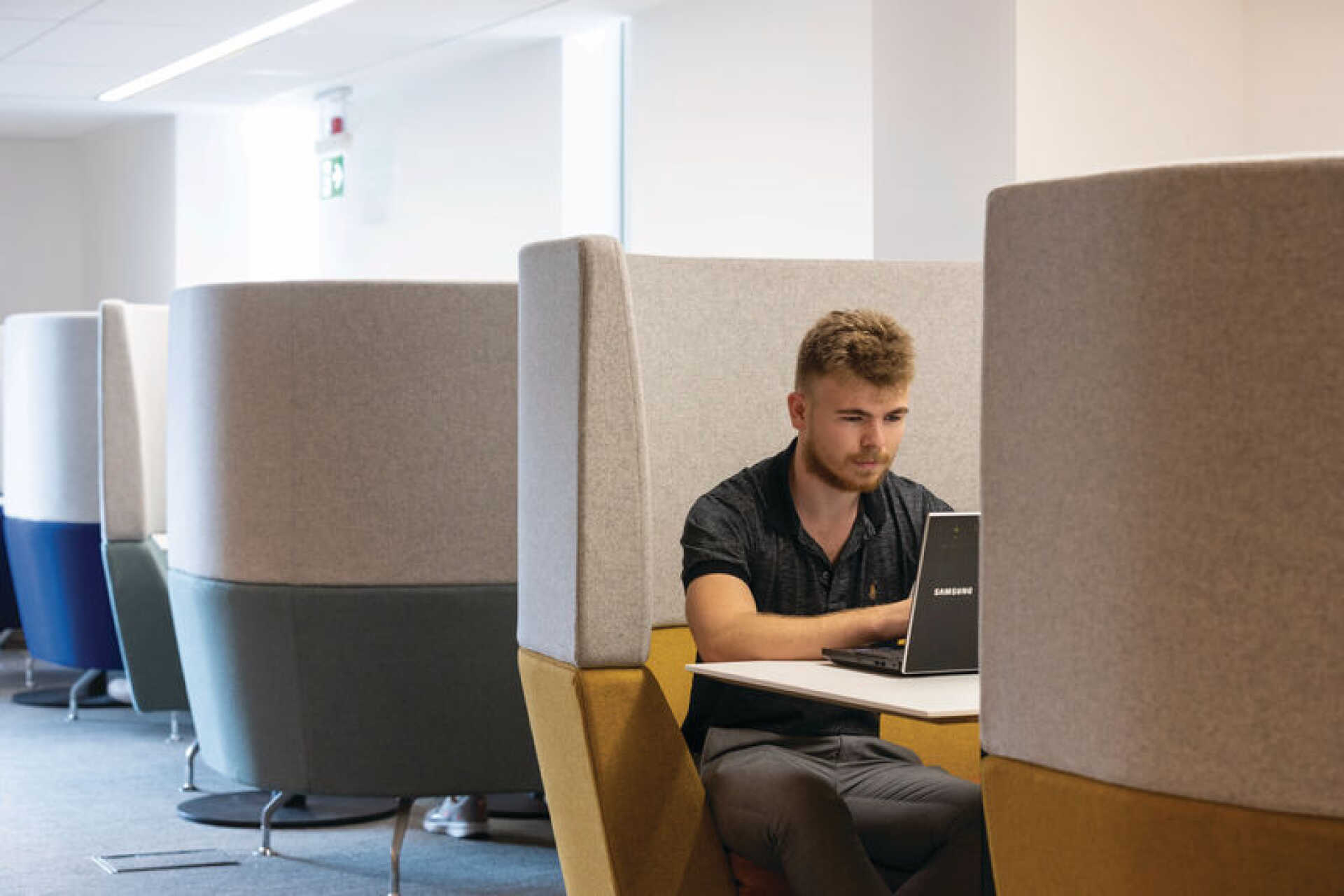 A student working at a laptop.