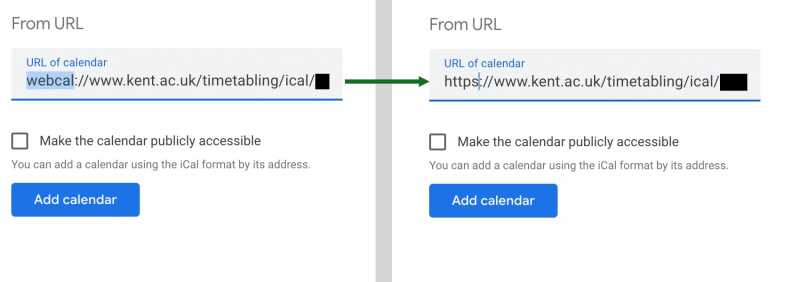 Screenshot of changing calendar feed URL from webcal to https