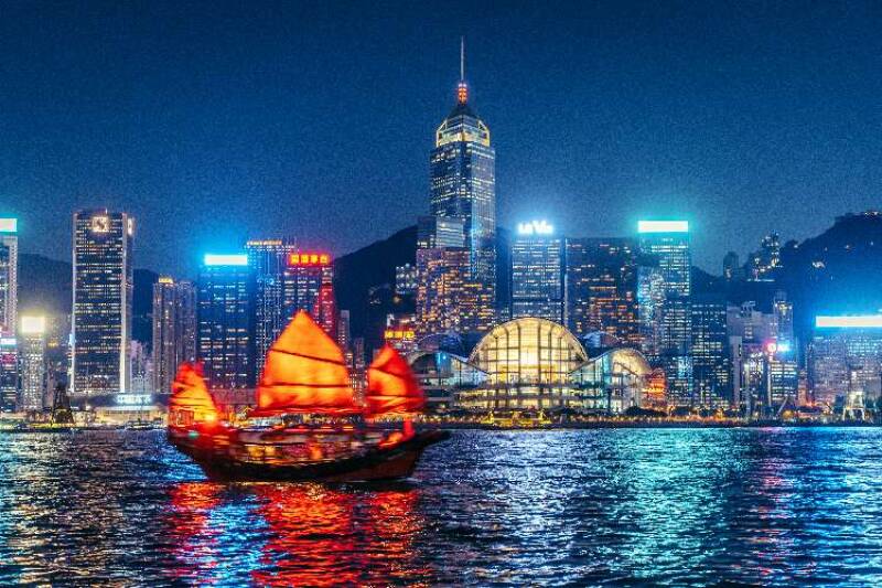 Victoria Harbour, Hong Kong, at night.