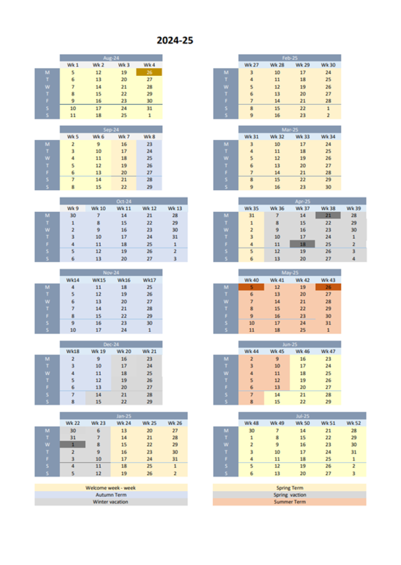 2024-25 term weeks at the University of Kent