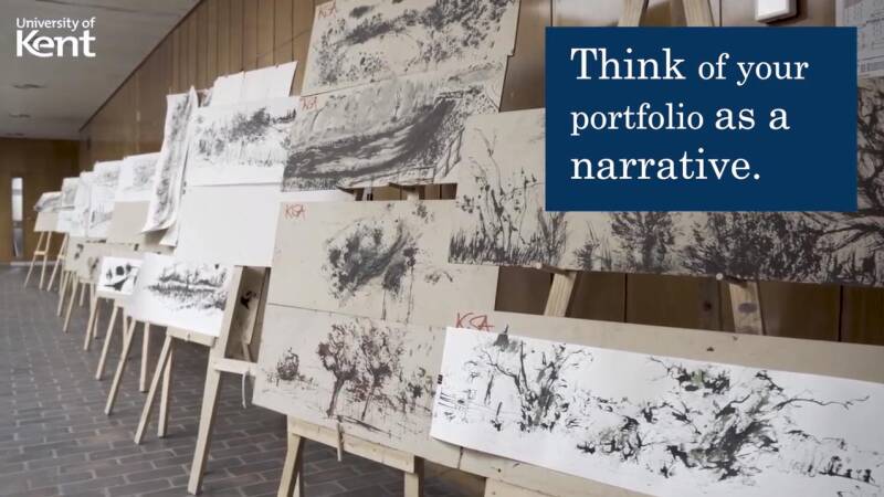 Row of canvases on easels with overlay of text stating 'Think of your portfolio as a narrative'