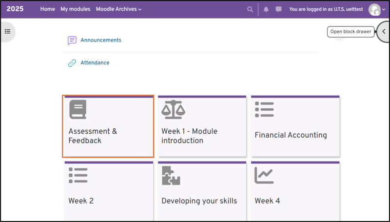 Image of a typical Moodle module in a Tiles layout highlighting the Assessment and Feedback tile