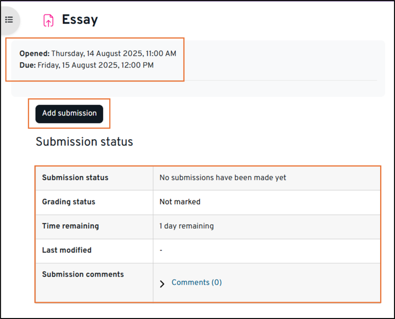 Image of the Moodle assignment inbox featuring due date and submission status information and an Add submission button