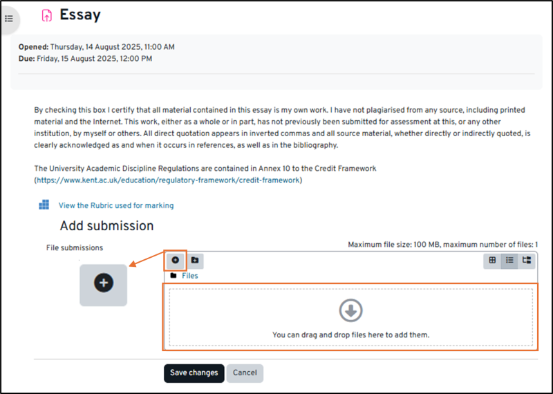 Image shows the submission inbox and the '+' button that can be used to browse your computer for the file you wish to upload