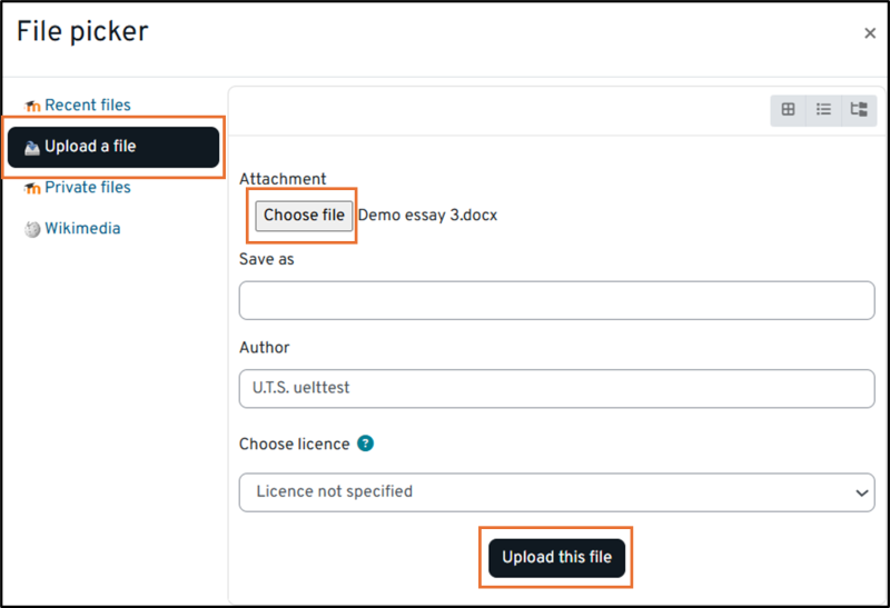 Image shows the Moodle File Picker with buttons to choose and upload a file from your computer