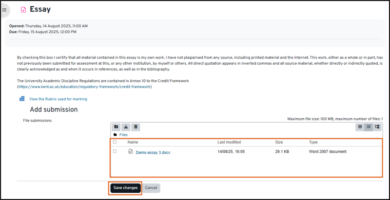 The image shows the file uploaded to the inbox. Clicking the Save changes button completes the upload