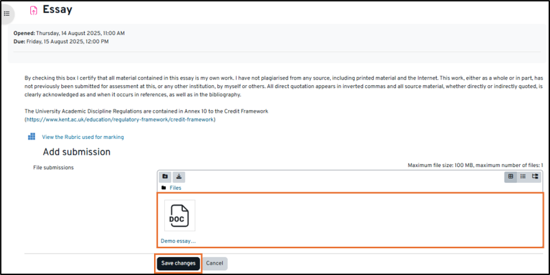 The image shows the file uploaded to the inbox. Clicking the Save changes button completes the upload