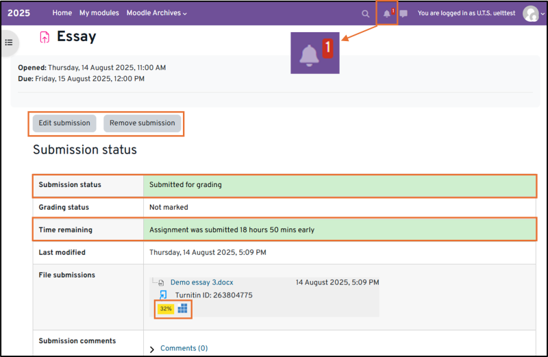 Image shows submission status, the time remaining until the deadline, Turniitn similarity score and rubric icons (if applied)