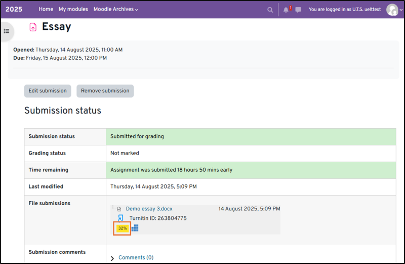 Image shows the submission status information with the originality report percentage highlighted