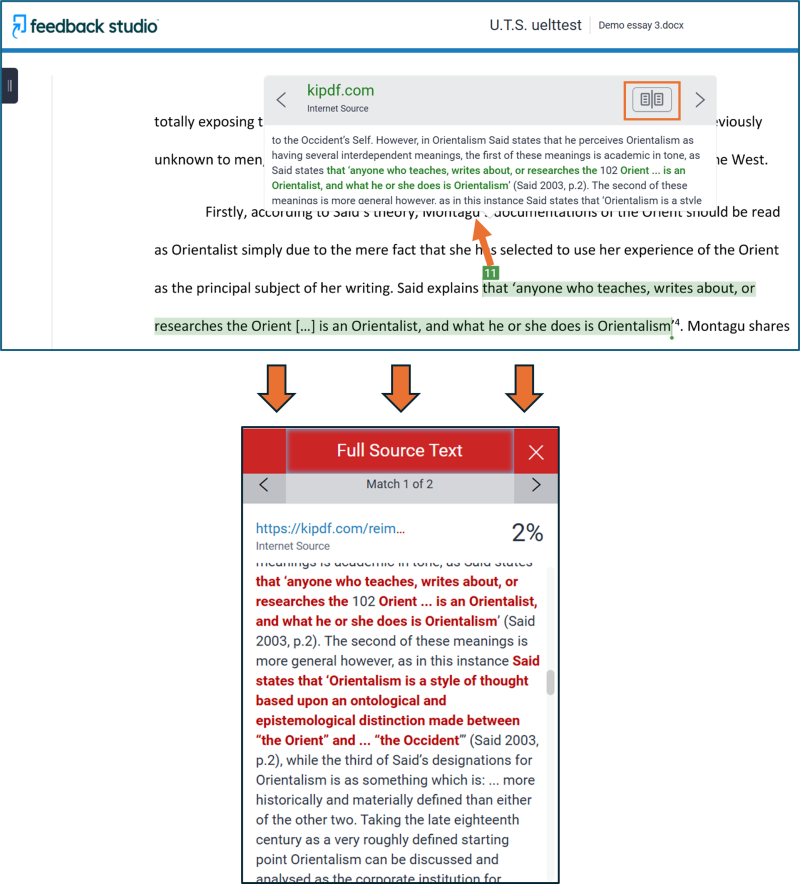 Image shows how you can click highlighted matched text in your submission and see it in the context of the full source text