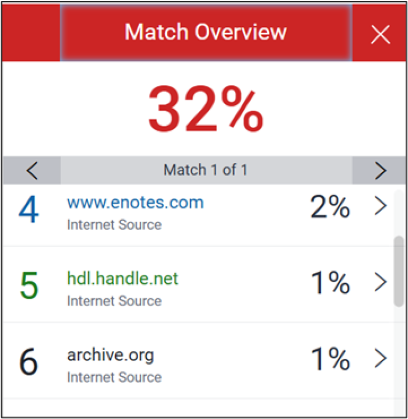Image shows the Match Overview which breaks down the percentages of matched text from various sources in your assignment