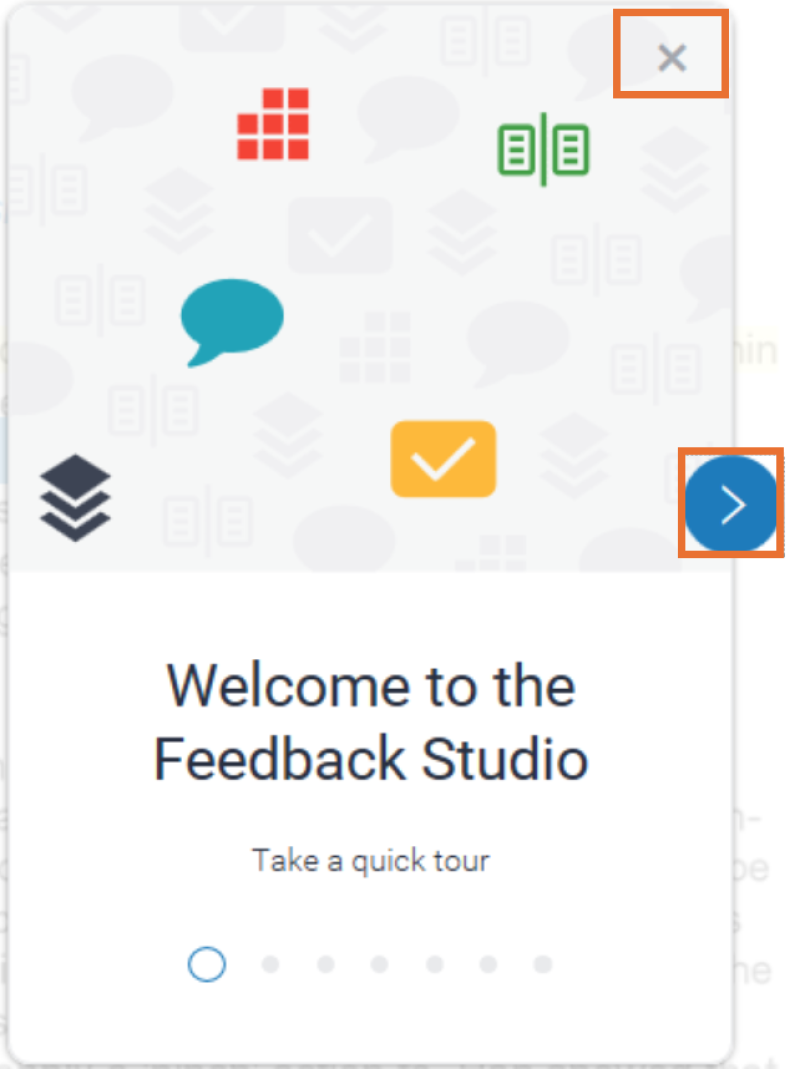 The image shows the Feedback Studio tour of key functionality spanning 7 pages