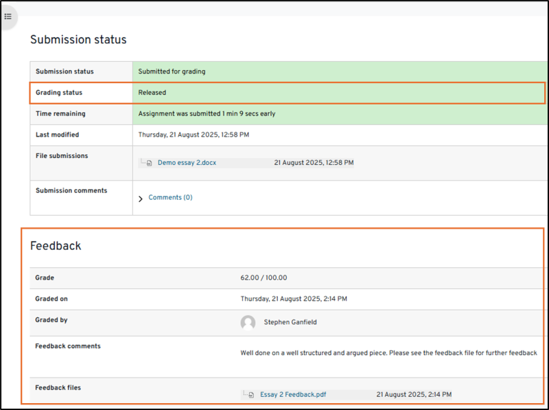 The image shows the grading status set to released and grade, feedback comments and downloadable feedback file