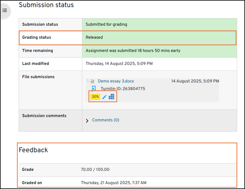 Image shows the Submission status of released with grade information at the bottom, which you need to scroll down to view
