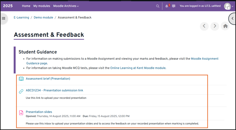 Image shows the Assessment and Feedback featuring a link to the Kentplayer assignments folder