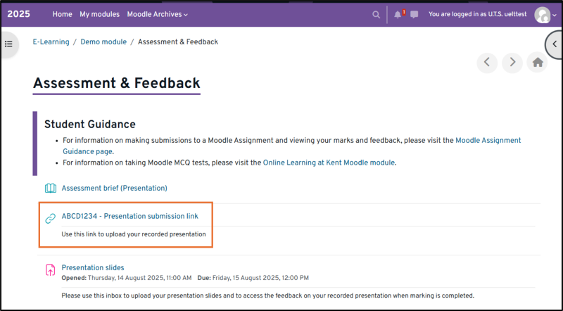 Image shows the KentPlayer submission link highlighted in the Assessment and Feedbsack tile