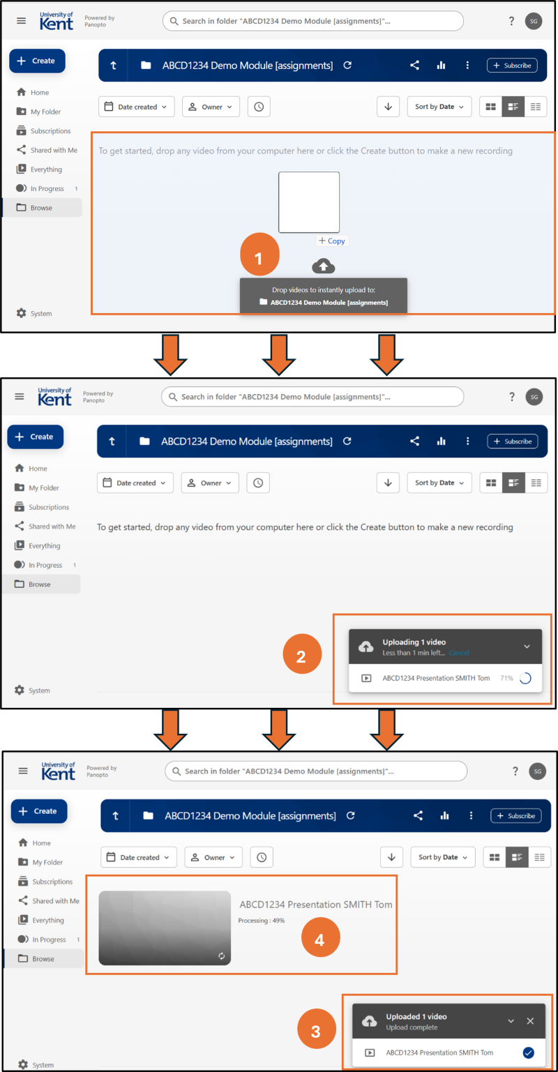 Series of screenshots showing the drag and drop upload process and stages of processing for audio and video files