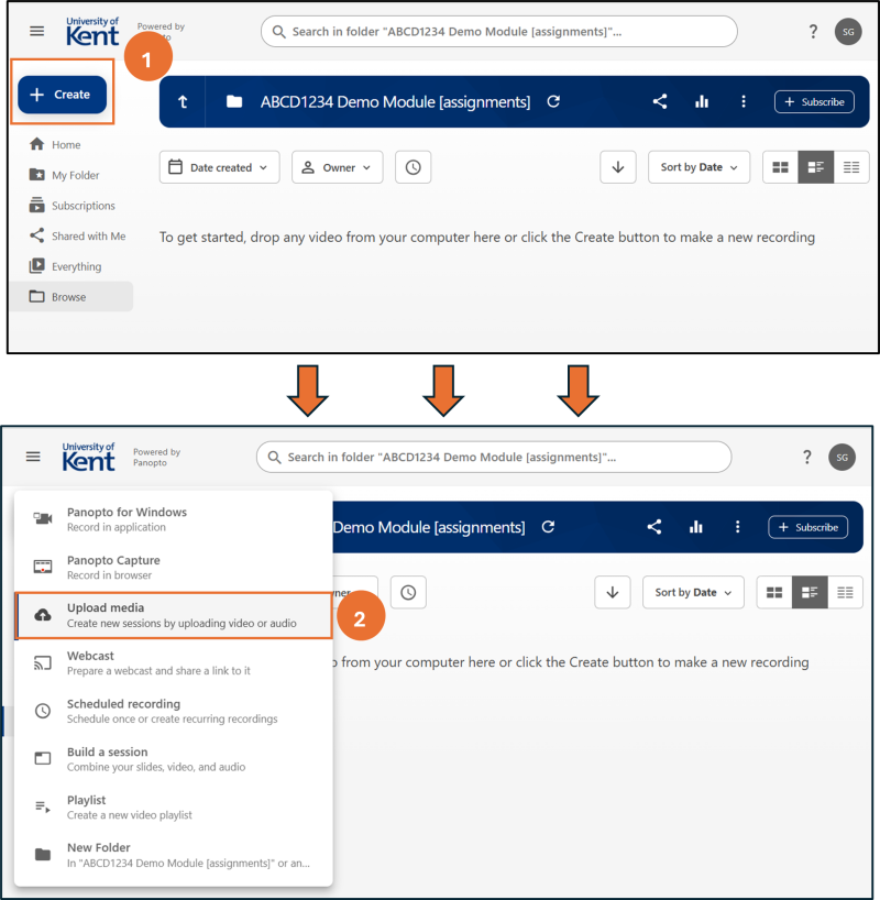 Two screenshots showing how to access the Create drop-down menu and selecting the Upload media option