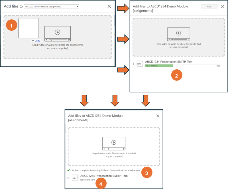 Series of 3 screenshots showing how to drag and drop to upload a file and the stages of processing to the KentPlayer server