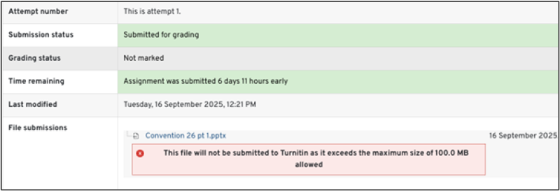 Image shows a Moodle assignment inbox with a red warning stating that the file will not be submitted as it exceeds 100MB