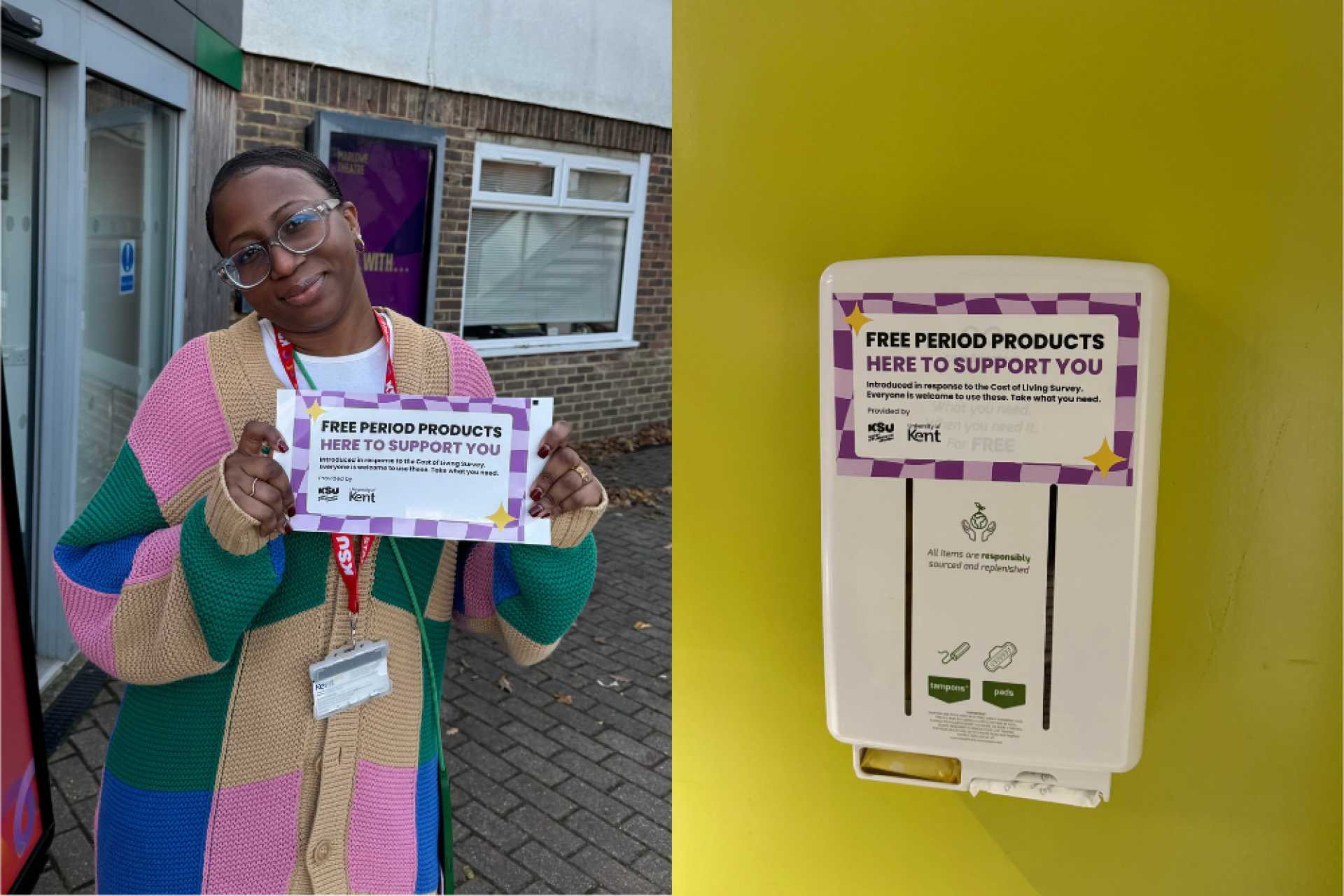 Teslimat (KSU Officer) with free period products sign, and period product dispenser