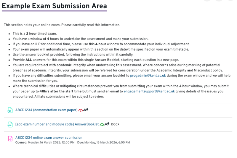 A screenshot with an example examination section in Moodle, showing exam paper, answer booklet and submission inbox.