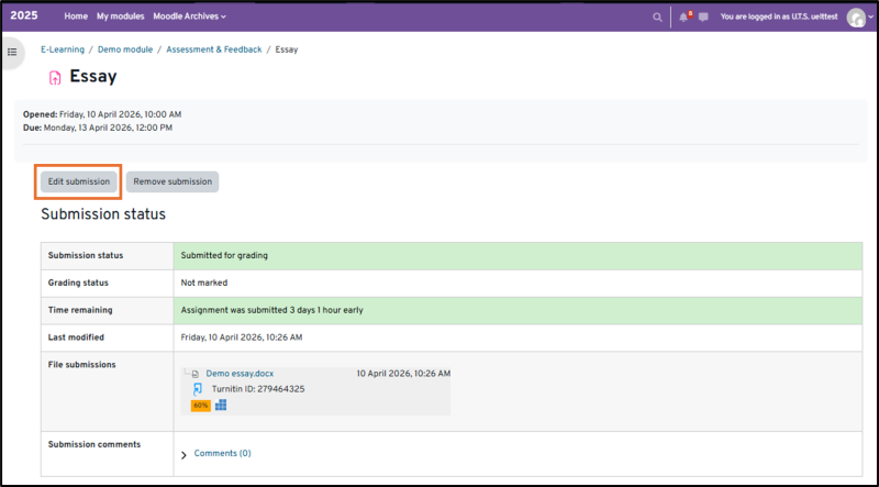 The image shows a Moodle assignment submission status of an already submitted file and the edit button is highlighted