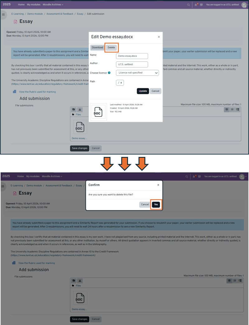 Image shows how clicking the originally submitted file can bring up a menu enabling students to delete it before replacing it