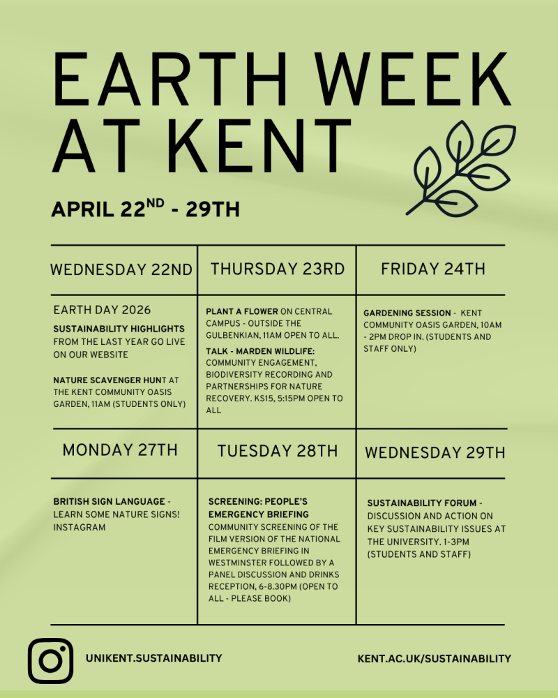 Timetable of events for Earth Week on a green background. Here for illustration.