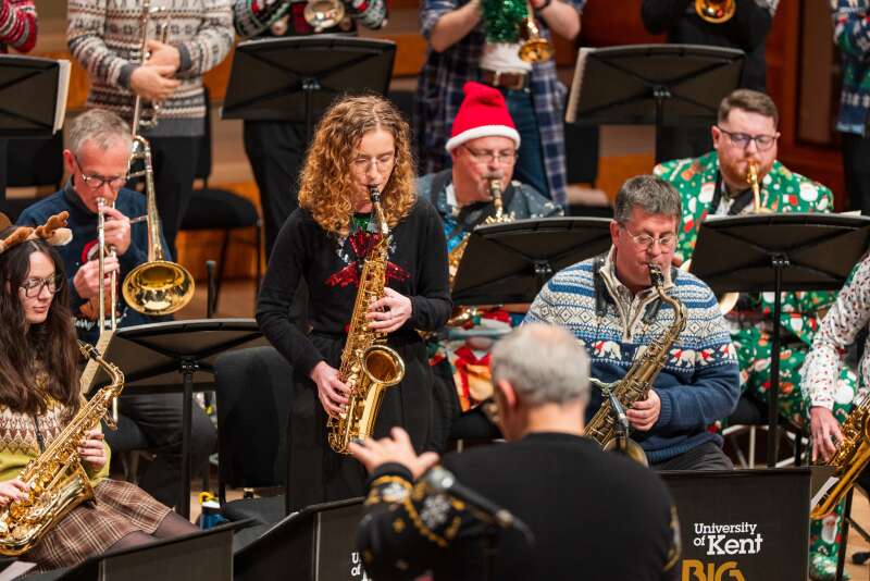 Jazz musicians in a band rehearsing