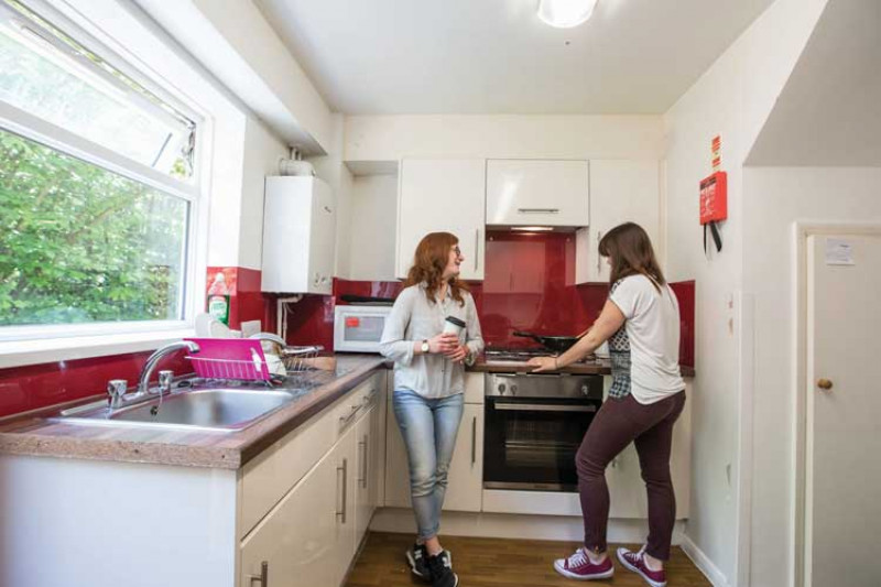 Two students chatting in a modern kitchen
