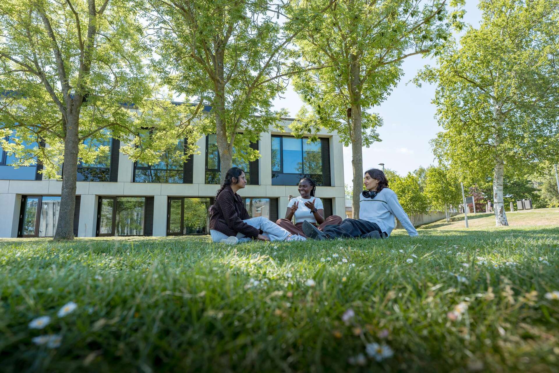 Students sat on the lawn by Wigoder Building