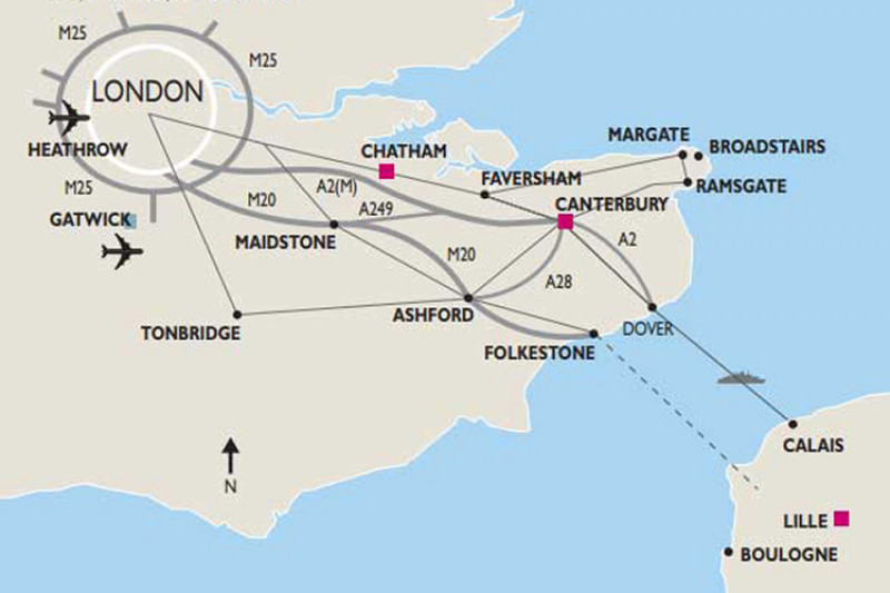 Map of the South East of England showing major transport links