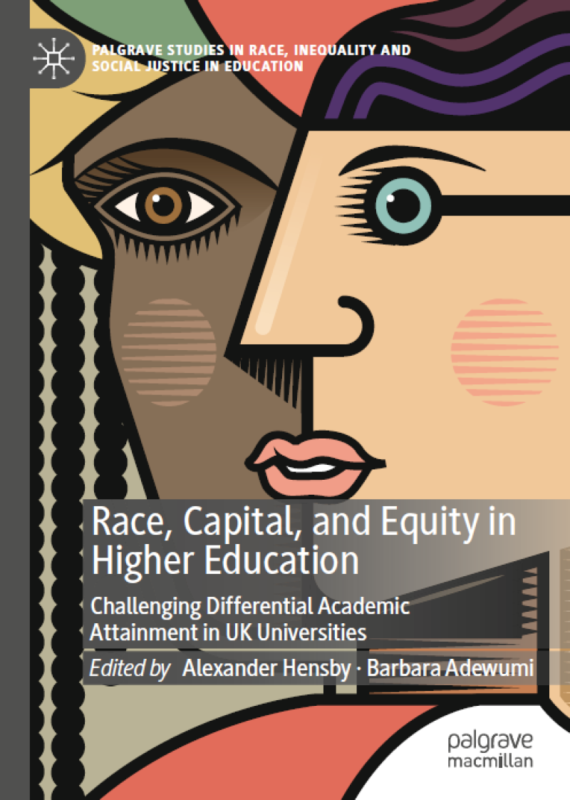 Book cover for Race, Capital, and Equity in HE - Using a Picasso style of art with bold outlines. Cover is of two people.