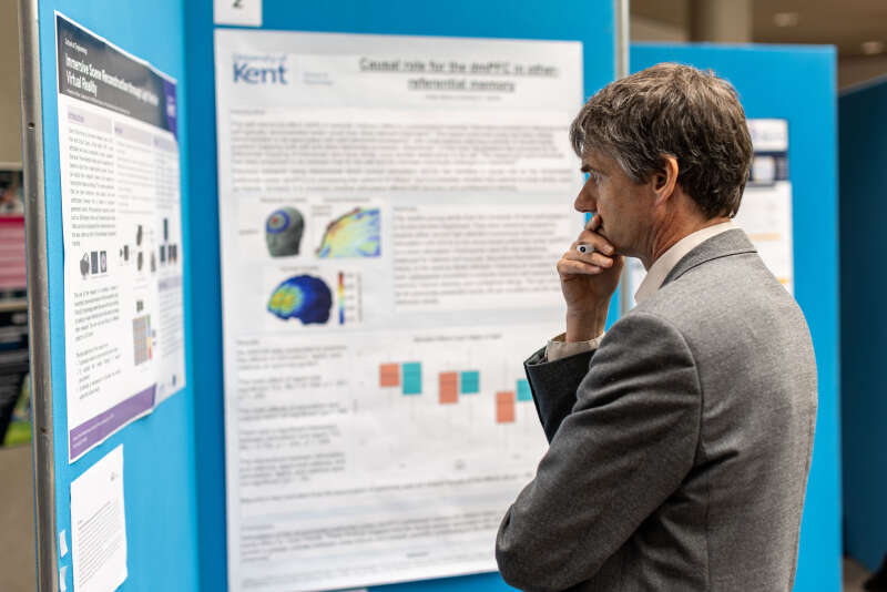 Person looking at boards with research and data on them