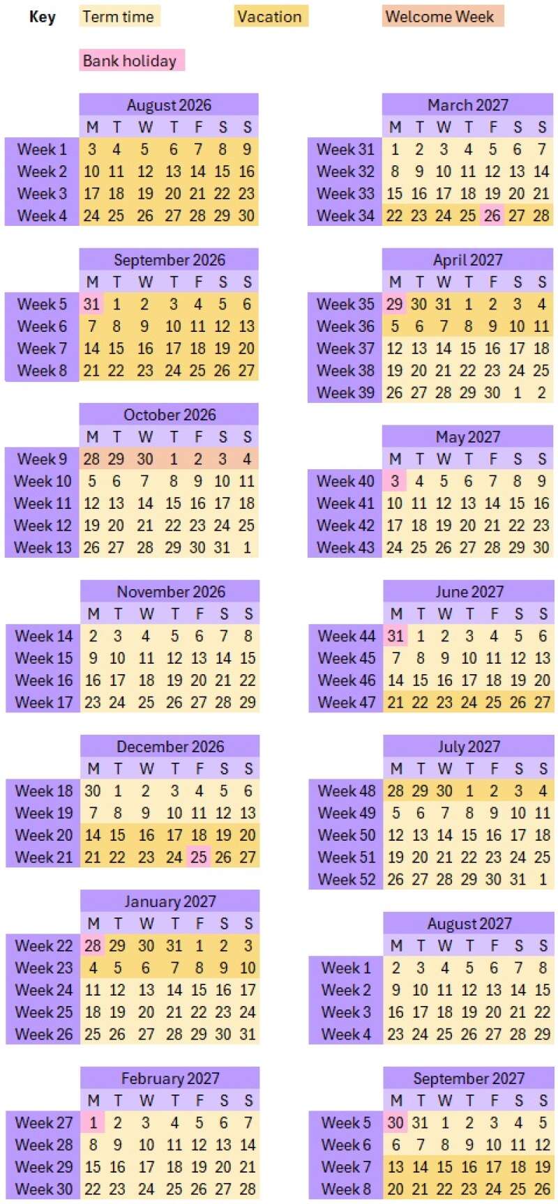 A calendar of term weeks for academic year 26-27