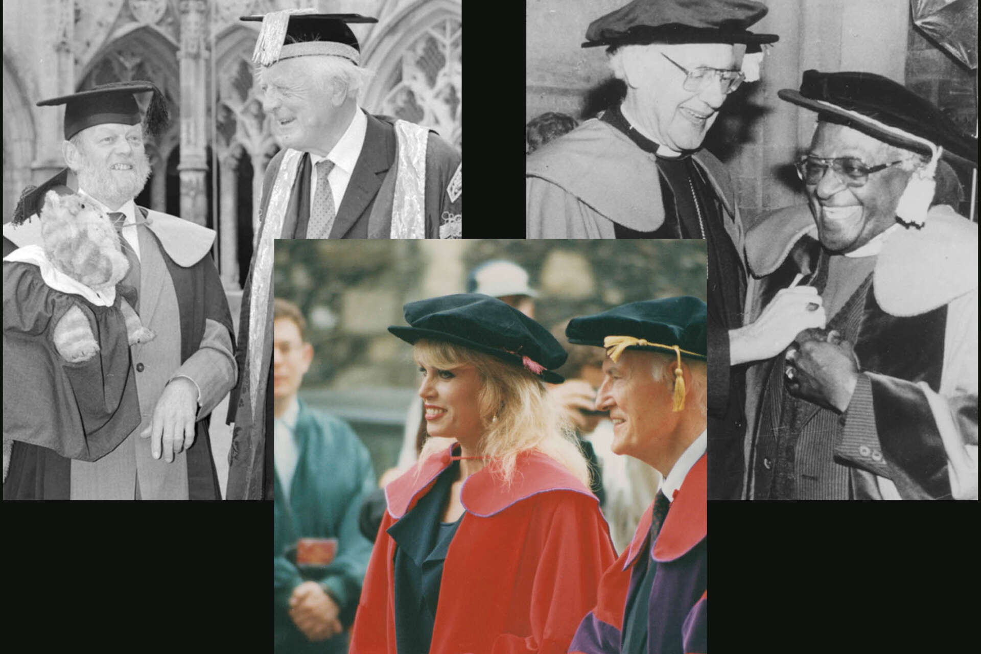 3 photographs of recipients of honorary degrees (Archbishop Desmond Tutu, actress Joanna Lumley and artist Peter Firmin)