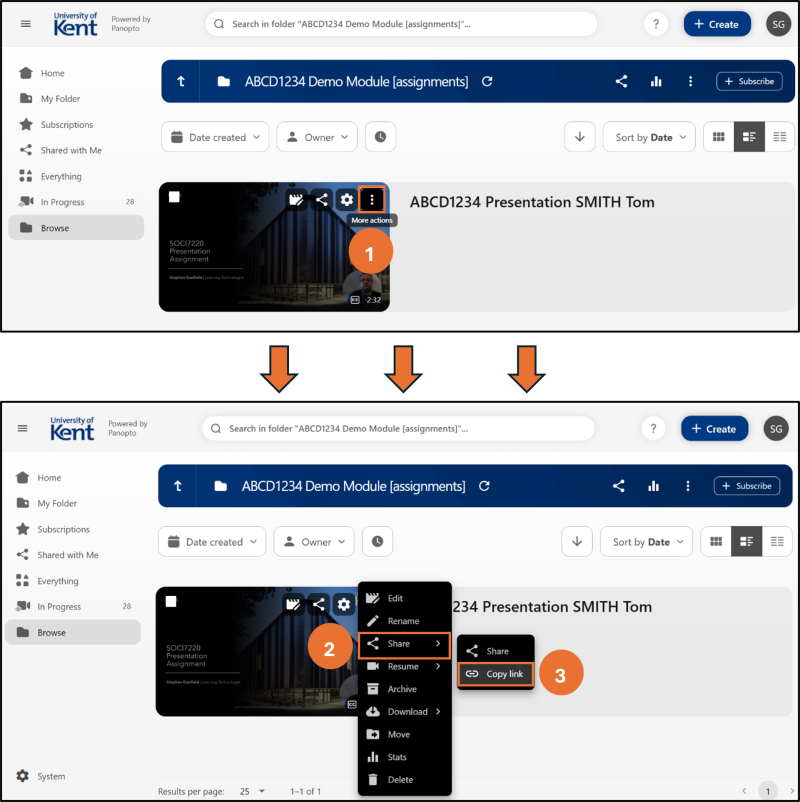 Image shows a video thumbnail and access to a drop-down menu where users can go to Share and then Copy link