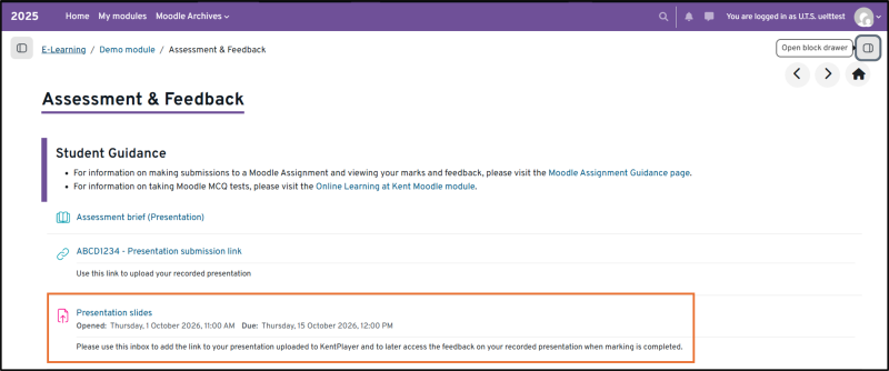 Image shows the Assessment and Feedback tile on a module with the Presentation assignment inbox highlighted by an orange box