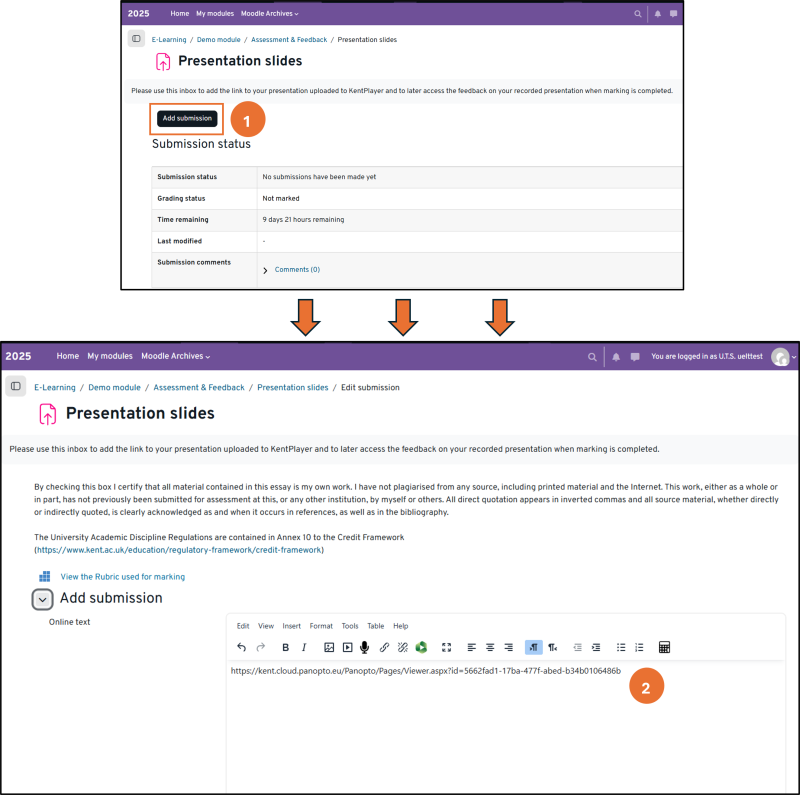Image shows how to click the black Add submission button and then paste the link to their video into the text editor field