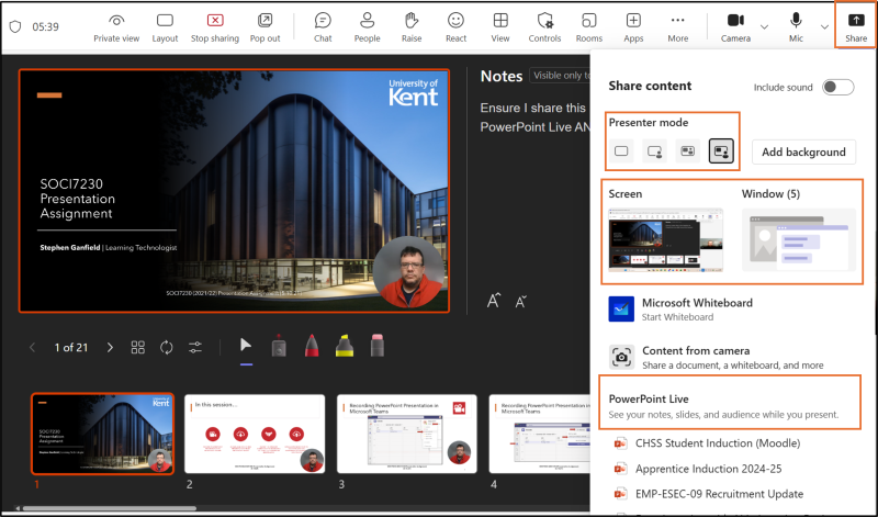 The image shows the MS teams PowerPoint Live sharing interface while also showing other sharing options and presenter modes