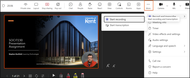 Image again shows the PowerPoint Live interface in MS Teams with the drop down menu highlighting the Start recording option