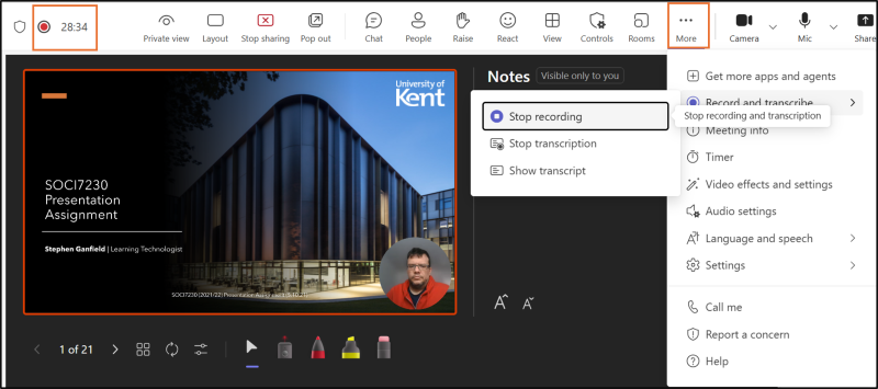 Image again shows the PowerPoint Live interface in MS Teams with the drop down menu highlighting the Stop recording option