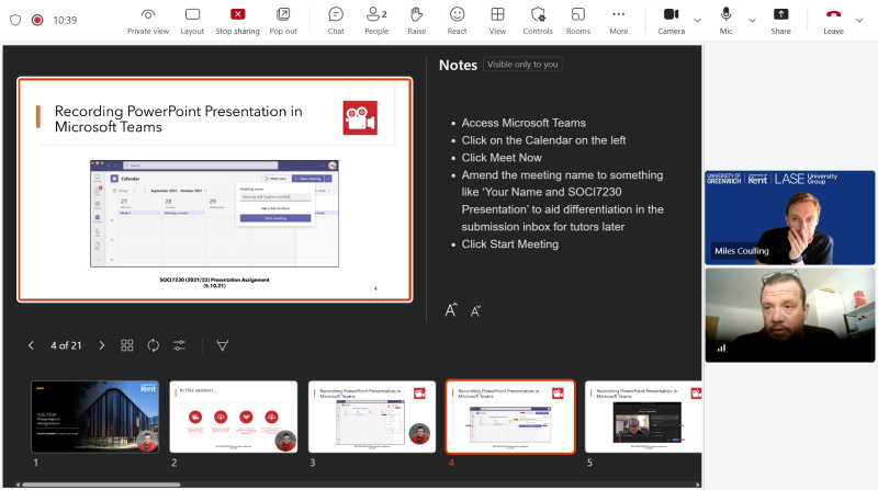 The image shows a presenter presenting in PowerPoint Live which shows the slides but also their speaker notes