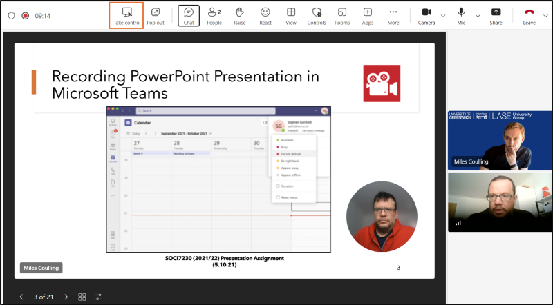 Image shows slides from the next speaker's perspective and the take control option is highlighted in an orange box