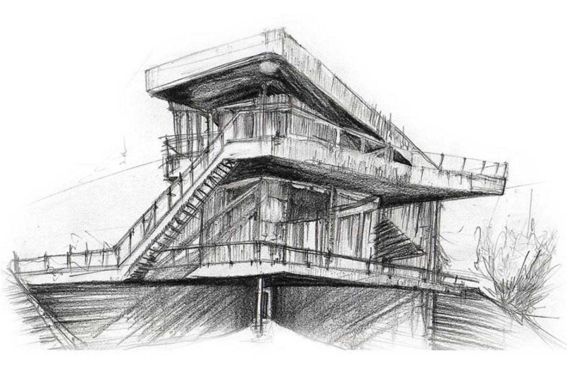 Pencil sketch of a modern building.